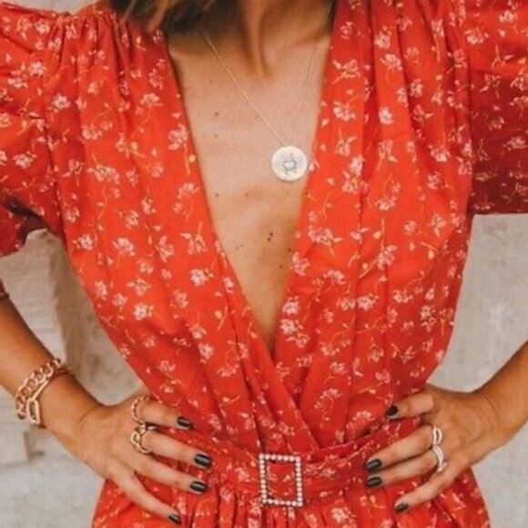 ZARA Red Floral Print Top Blouse With Belt Puff Shoulder Size XL - Picture 4 of 13